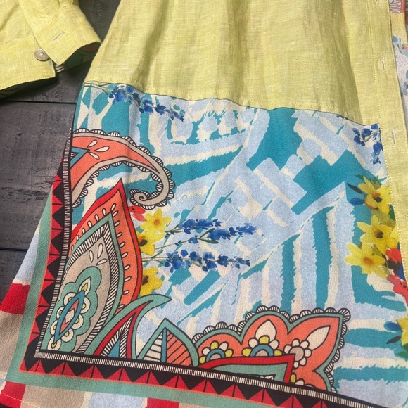 John Mark Tunic Dress Large Linen Blend Long Roll Tab Sleeve Graphic Back M - Picture 3 of 11